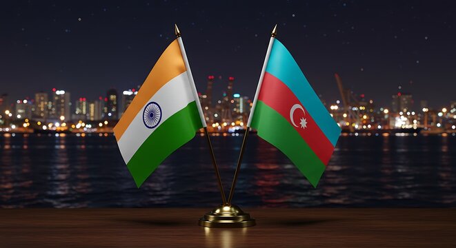 India and Azerbaijan cross flag against night port background 