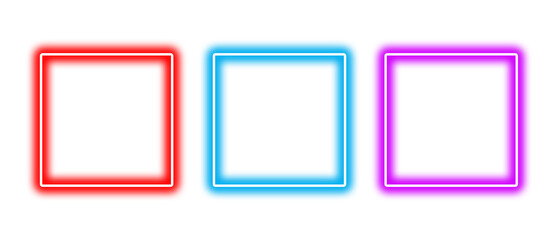 Set of three vibrant, glowing neon square frames in red, blue, and purple, perfect for modern design elements or futuristic text borders