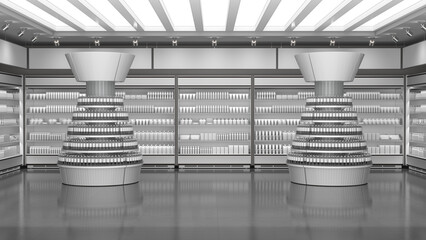 Store interior with round bottle racks, refrigerated cabinets along the walls, hanging banners and LED ceiling spotlights. 3d illustration © Wire_man