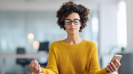 Female CEO practicing digital detox meditation with phone off