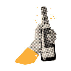 Trendy halftone collage,hand holding champagne bottle with sparkling stars