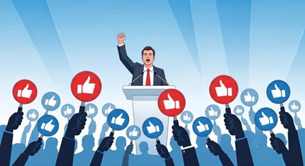 Dynamic politician rallies enthusiastic crowd with powerful speech, hands raise 'thumbs up' signs in overwhelming show of support and approval