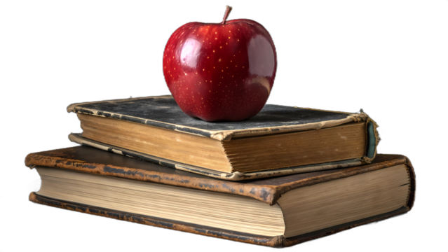 Shiny Red Apple on Stack of Vintage Books PNG – Classic Classroom Symbol with Transparent Background