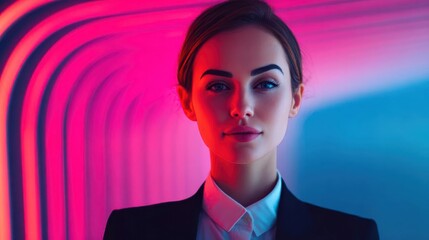 Serene woman in formal wear surrounded by glowing energy lines
