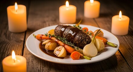 Decadent dinner plate lit by candlelight