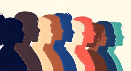 Diverse group of people in profile, representing unity, community, and modern society with vibrant colors and clean design, perfect for business and social campaigns