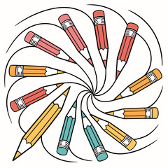 A vibrant swirl of colored pencils creates a captivating and dynamic design, showcasing the beauty of art supplies in a playful and eyecatching composition