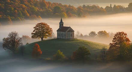 Hilltop church nestled amidst autumns embrace