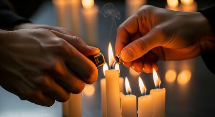 Hands light candles in warm glow