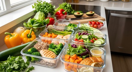 Prepared meals in containers on a kitchen counter