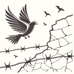 A dove flies away from a barbed wire fence and a crumbling wall, symbolizing freedom, hope, and overcoming obstacles, with other birds flying in the background, vector illustration