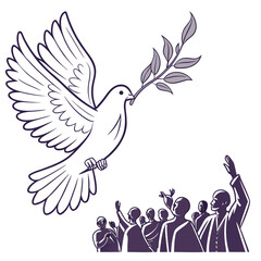 Illustration of a dove carrying an olive branch, symbolizing peace and hope, with people raising their hands in celebration, represents harmony