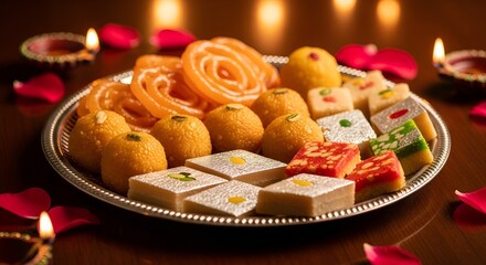 Sweet treats in candlelight colorful Indian sweets displayed