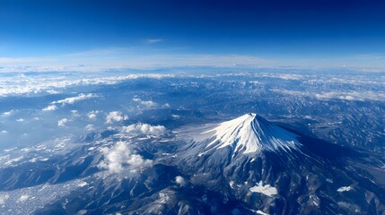 Majestic snow capped volcanic peak observed from high altitude above surrounding terrain and clouds