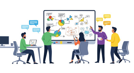 Fototapeta premium A diverse group of business professionals collaborates during a brainstorming session, analyzing data and presenting ideas on a large interactive whiteboard within a modern office setting.