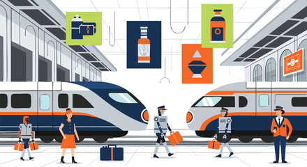 Naklejka premium An illustrated scene depicts a modern train station with high-speed trains, diverse people, and stylized icons representing beverages and travel essentials, creating a vibrant and contemporary visual.