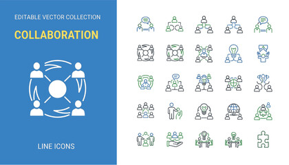 24 collaboration icons, green and blue accents, teamwork, communication, shared ideas, business interaction, vector illustration, editable stroke, professional concept