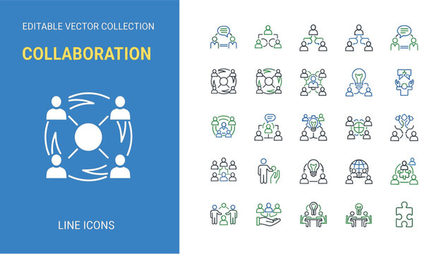 24 collaboration icons, green and blue accents, teamwork, communication, shared ideas, business interaction, vector illustration, editable stroke, professional concept