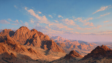 Fototapeta premium Expansive desert mountain landscape at dawn, with rugged, sunkissed rock formations stretching towards a soft, hazy horizon under a clear sky