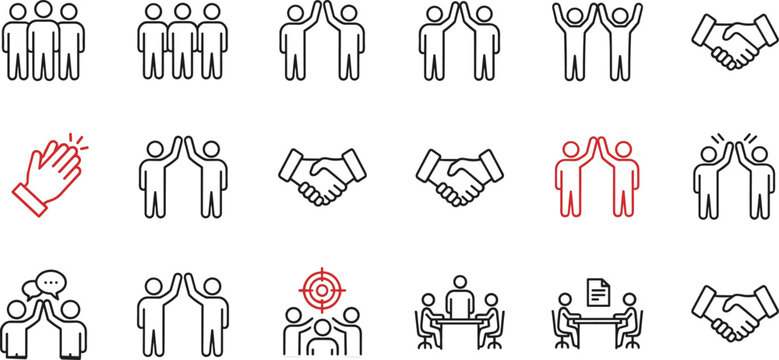 24 teamwork icons, black and white line style, collaboration, communication, group dynamics, business interaction, vector illustration, editable stroke, professional concept