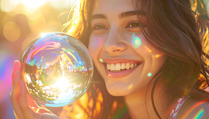 Naklejka premium Gazing at the Orb: A radiant woman gazes at a transparent sphere, capturing the interplay of light and shadow, evoking introspection and wonder.