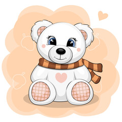 Cute cartoon White Bear Toy with warm scarf. Autumn Vector illustration of animal on orange background.