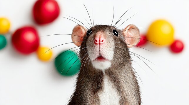 Close-up of a curious brown rat with prominent whiskers and expressive eyes, set against a vibrant background of colorful spheres, showcasing the playful nature of this small mammal in a whimsical set