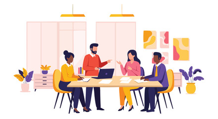 An illustration depicts a diverse team of colleagues collaborating around a table in a modern office setting, discussing ideas and strategies for their business.