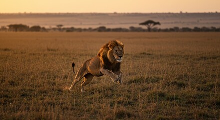 Majestic Lion in Mid-Run Across Golden Grassland at Sunset