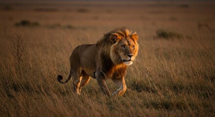 Majestic Lion Walking Through Golden Grassland at Sunset
