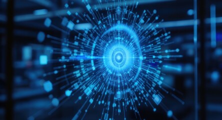 Illuminated digital hub with concentric circles and radiating lines, blue glow