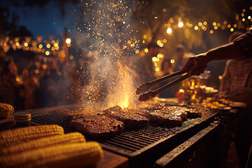 Cinematic Close-Up of Sizzling Beef and Grilled Corn