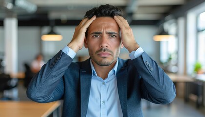 Stressful business meeting overwhelmed professional in modern office setting emotional expression indoor environment high angle view