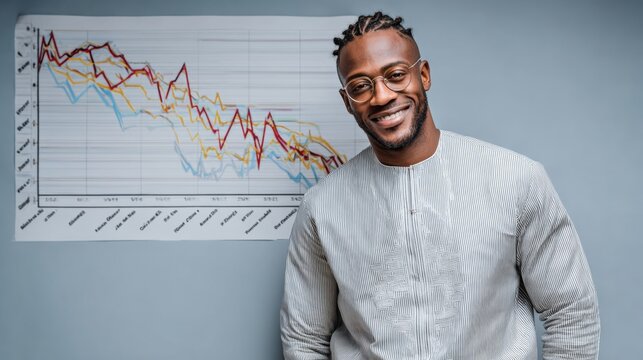 Confident african american man in stylish attire stands beside a colorful graph on a wall, showcasing data trends and analysis, representing success in business and financial growth strategies