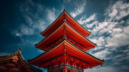 Obraz premium Vibrant orange tiered religious structure rises dramatically against a turbulent dark blue sky