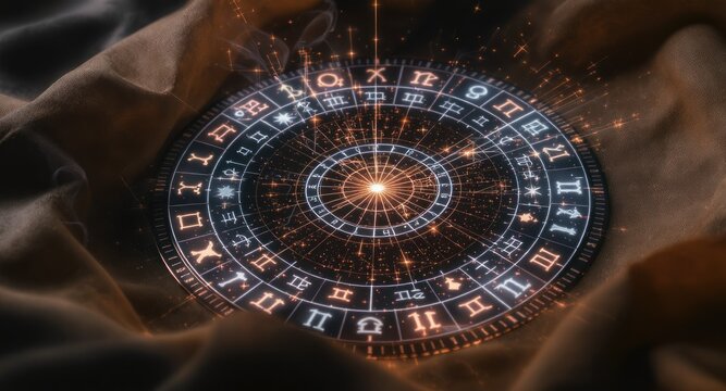 Illuminated zodiac wheel floating on draped cloth, radiating light and cosmic energy