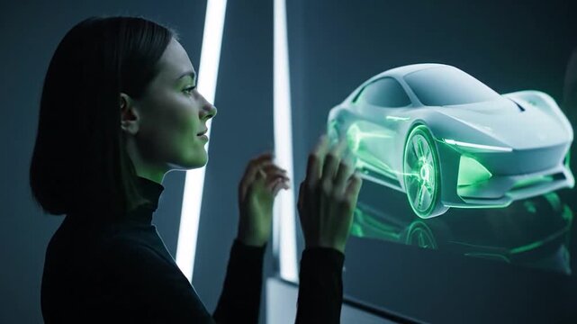 Woman Interacts with Futuristic Holographic Car Display.