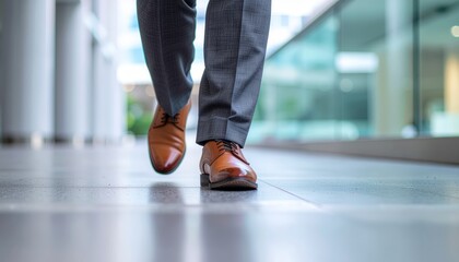 Fototapeta premium Business man walking in modern office professional attire indoor environment focus on footwear