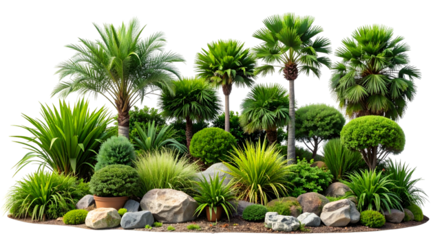 Lush tropical garden arrangement with various green plants and stones on a brown base