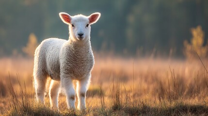 Fototapeta premium Young white sheep stands attentively in a sunlit field during early morning
