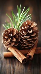 Two pine cones rest with three cinnamon sticks and evergreen sprigs on a stained wood surface. The arrangement creates a rustic, holiday season feeling