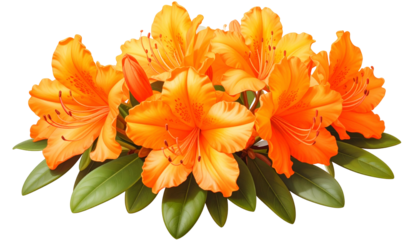 A vibrant cluster of orange flowers with green leaves on a black background