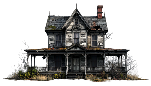 Decayed, two-story house with a porch, weathered paint, and dark windows against a void