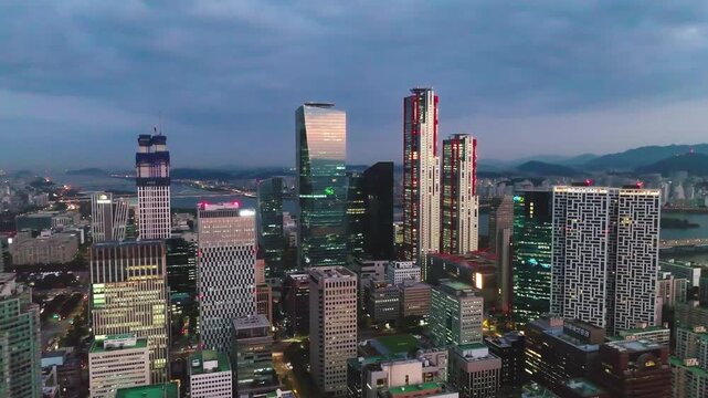 Drone View of Seoul city in South Korea, Night of Yeouido Financial District