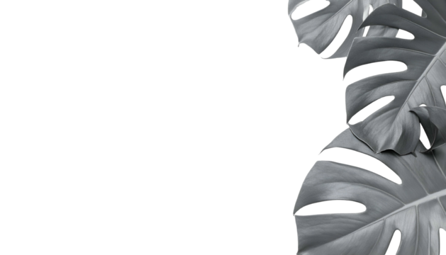 Monstera leaves in grayscale on a black background, minimalist botanical design - Powered by Adobe