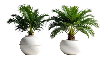 Obraz premium Two lush green plants in round white pots, set against a black background