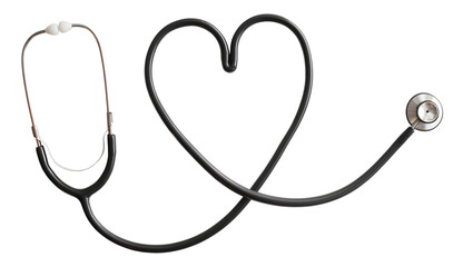 Medical stethoscope arranged in heart shape design, isolated on transparent background