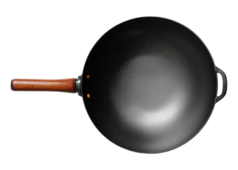 Traditional round empty black wok with wooden handle, top view, isolated on transparent background
