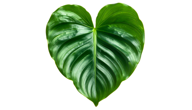 Isolated, heart-shaped green leaf with prominent veins against a black background