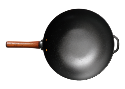 Traditional round empty black wok with wooden handle, top view, isolated on transparent background